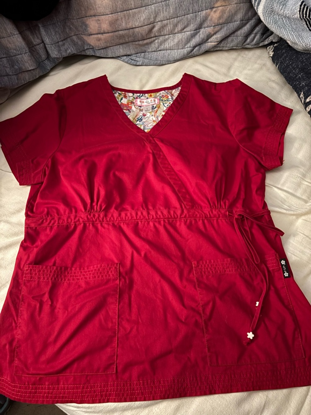 koi Red Mock Wrap Scrub Top